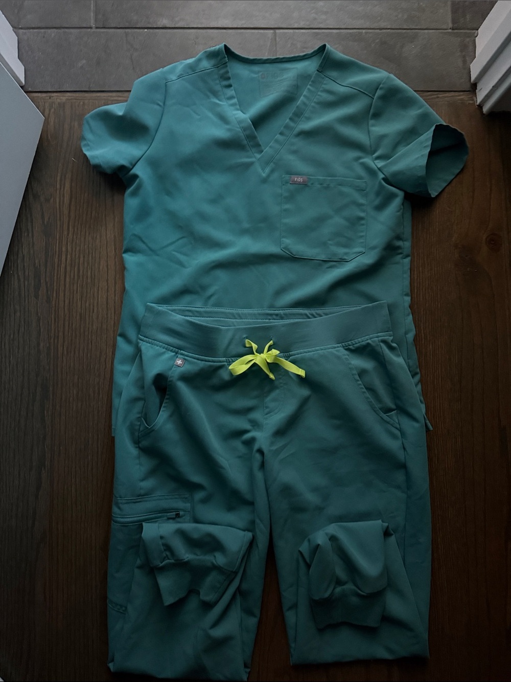 Figs Teal V-Neck Medical Top with Lime Drawstring Accent